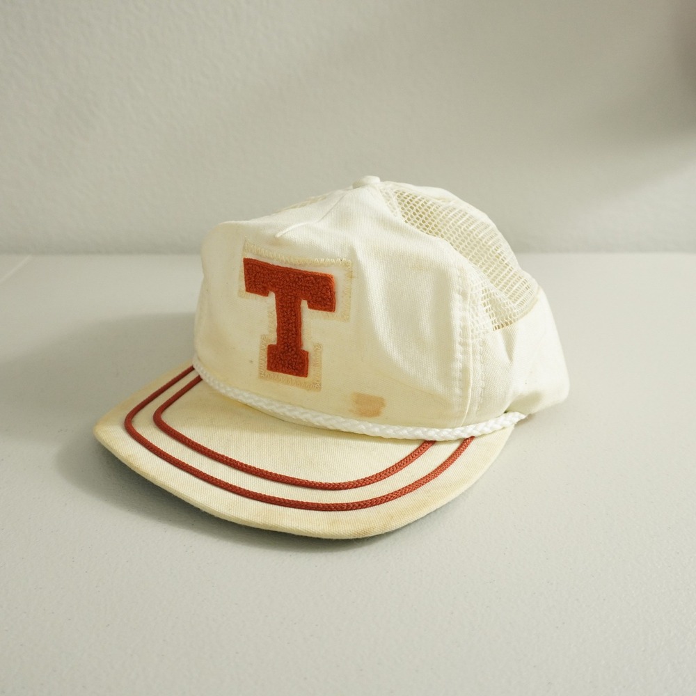 Pro Line Trucker Hat Mens OSFA White Orange Vintage Chenille T Patch Rope Detail